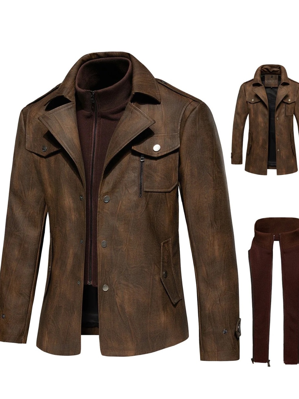 NWT Men's Brown Leather-Effect Jacket with Zip Layer/ Serremo Drifter Jacket